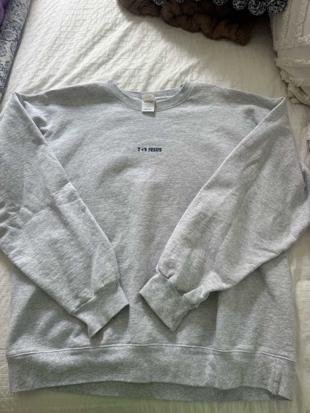 Hanes Gray Crewneck Sweatshirt with Small Navy "I <3 JESUS" Embroidery